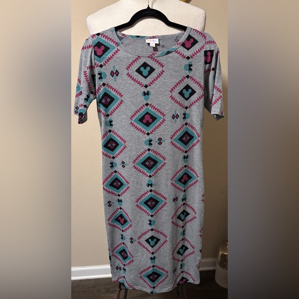 LuLaRoe Gray Dress with Pink and Teal Geometric Mickey and Minnie Design Size S